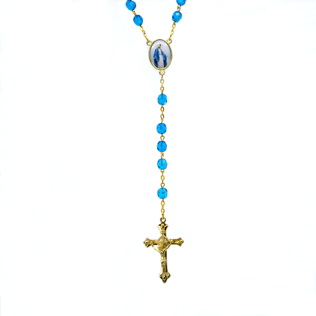 Turquoise crystal and gold Virgin Mary rosary