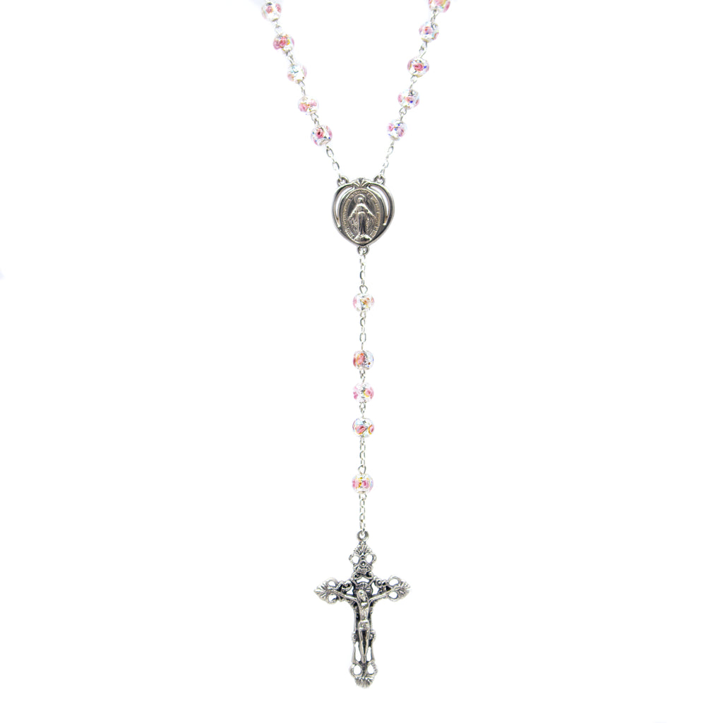 Chapelet en verre soufflé rose et argent