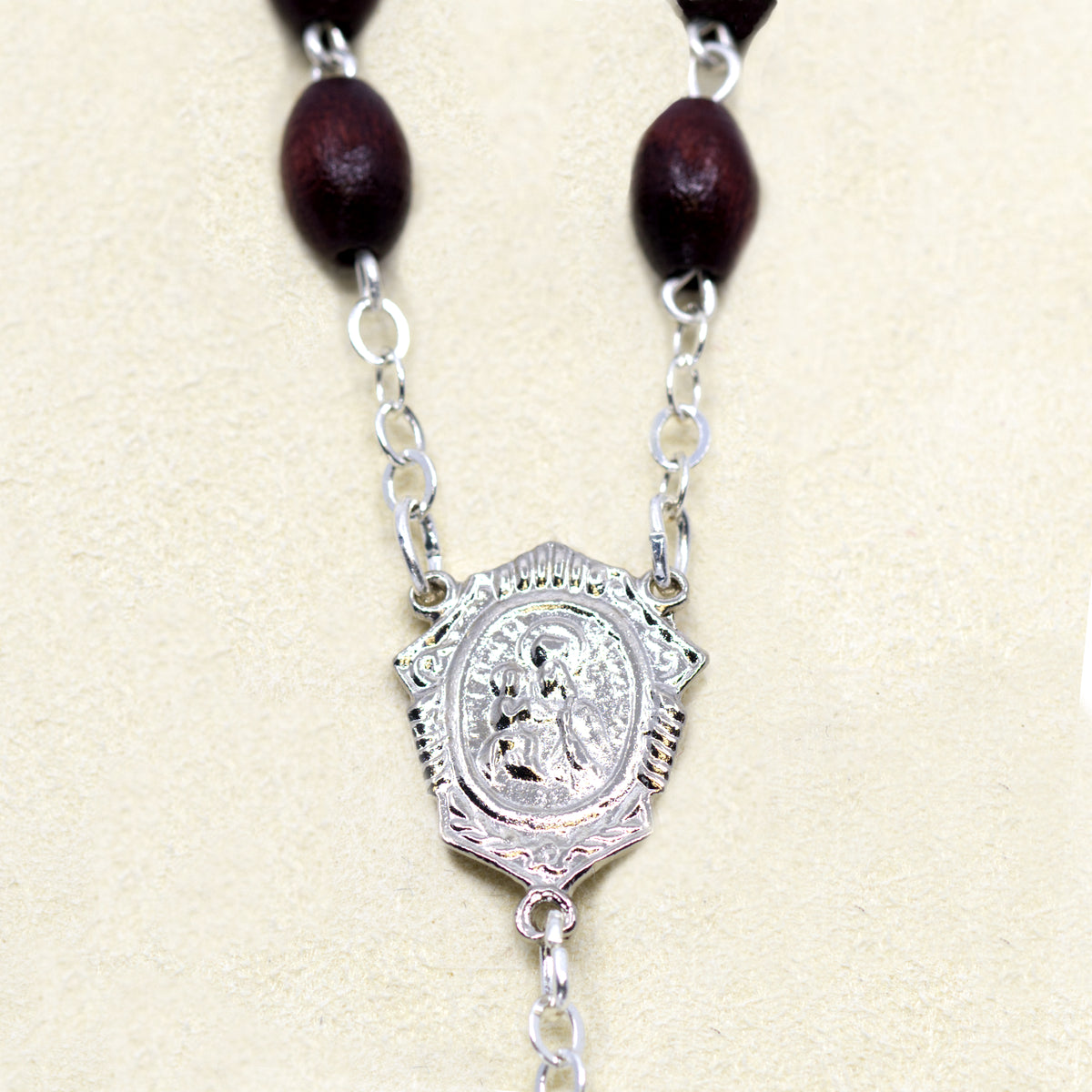 Natural dark wood rosary - Saint Anne medal