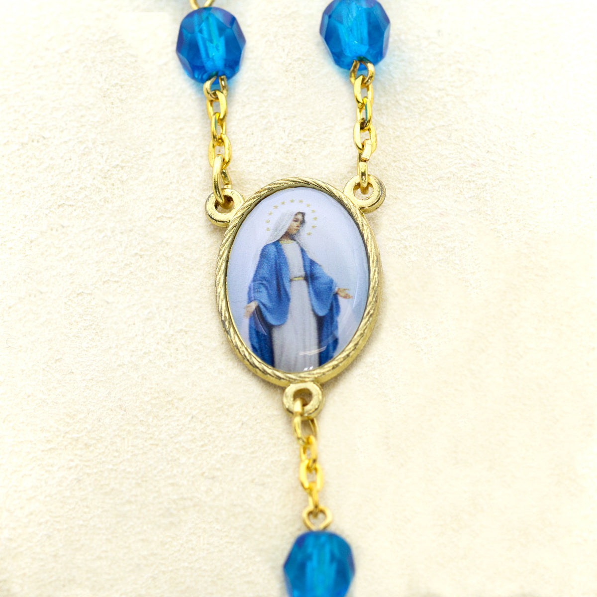 Turquoise crystal and gold Virgin Mary rosary