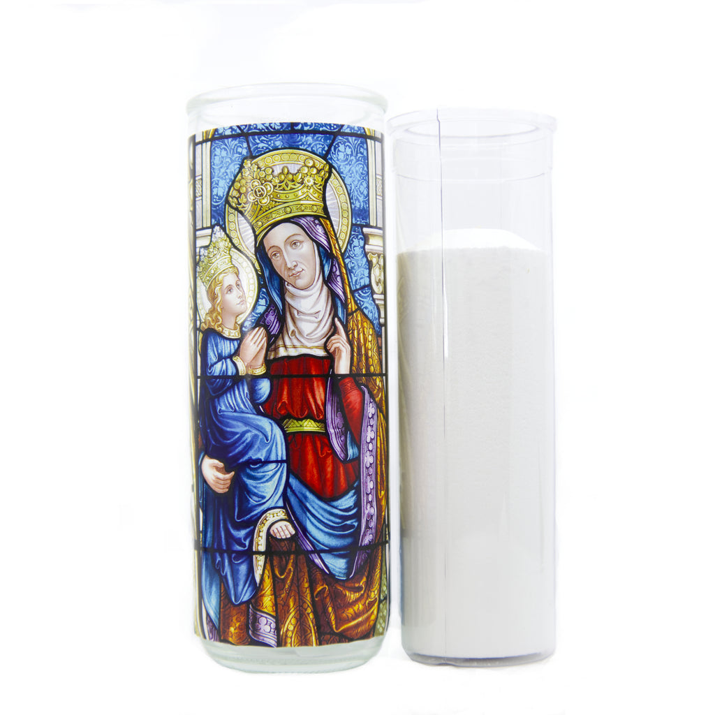 Stained-glass effect votive vase with image of Saint Anne